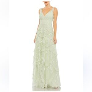 Mac Duggal Sequined Scallop Ruffle Tiered V Neck Gown 9162 Sage Green Size 12